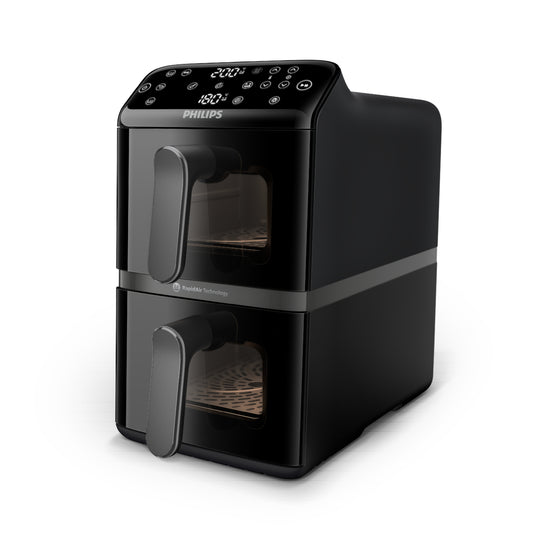 Philips 4000 Series Airfryer Stacked Dual Basket Capacity 10L, 2 Stacked Basket Drawers (5L + 5L), 6 Preset Functions and 13 ways to cook, Touchscreen, Black.