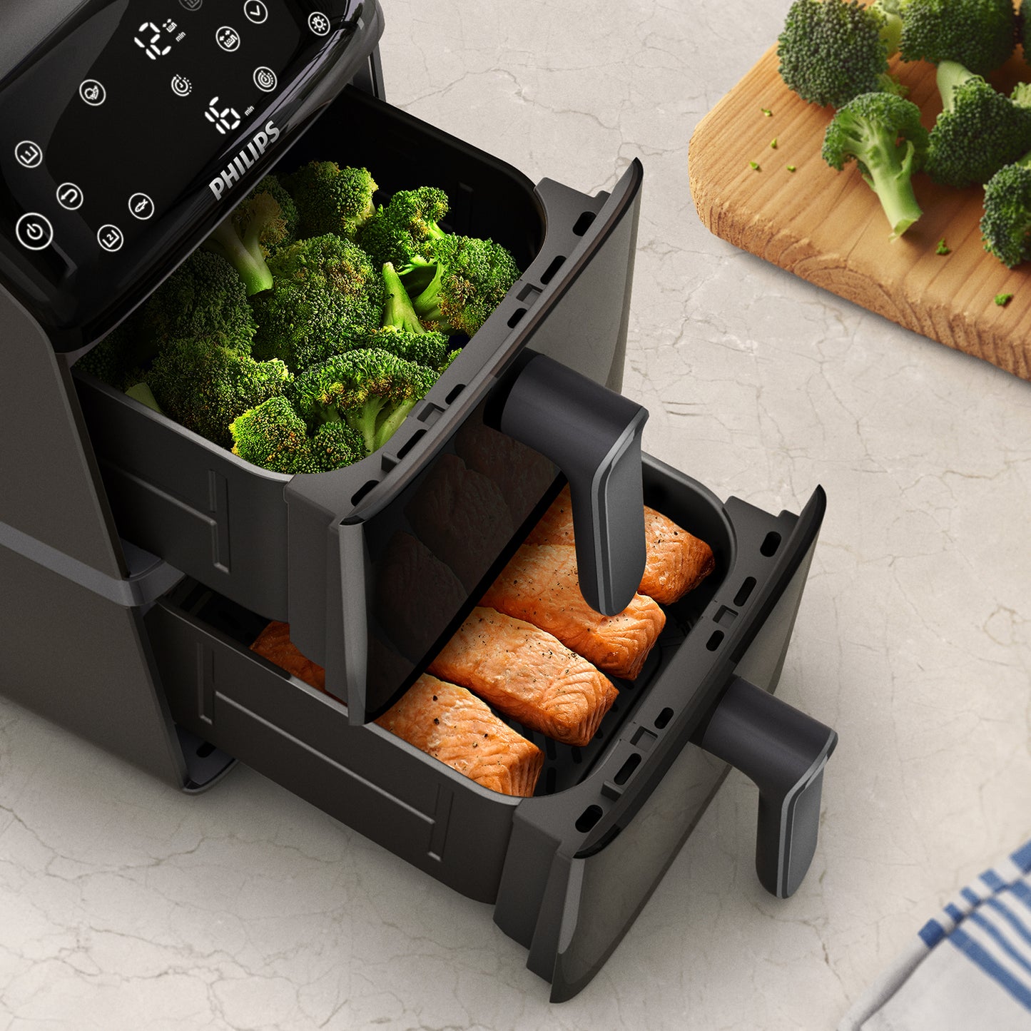 Philips 4000 Series Airfryer Stacked Dual Basket Capacity 10L, 2 Stacked Basket Drawers (5L + 5L), 6 Preset Functions and 13 ways to cook, Touchscreen, Black.