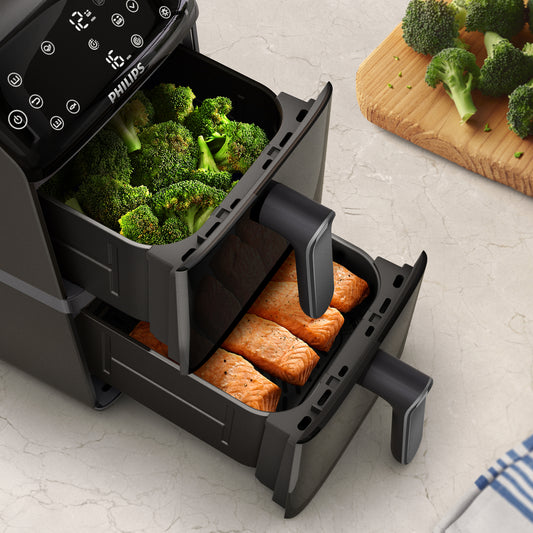 Philips 4000 Series Airfryer Stacked Dual Basket Capacity 10L, 2 Stacked Basket Drawers (5L + 5L), 6 Preset Functions and 13 ways to cook, Touchscreen, Black.
