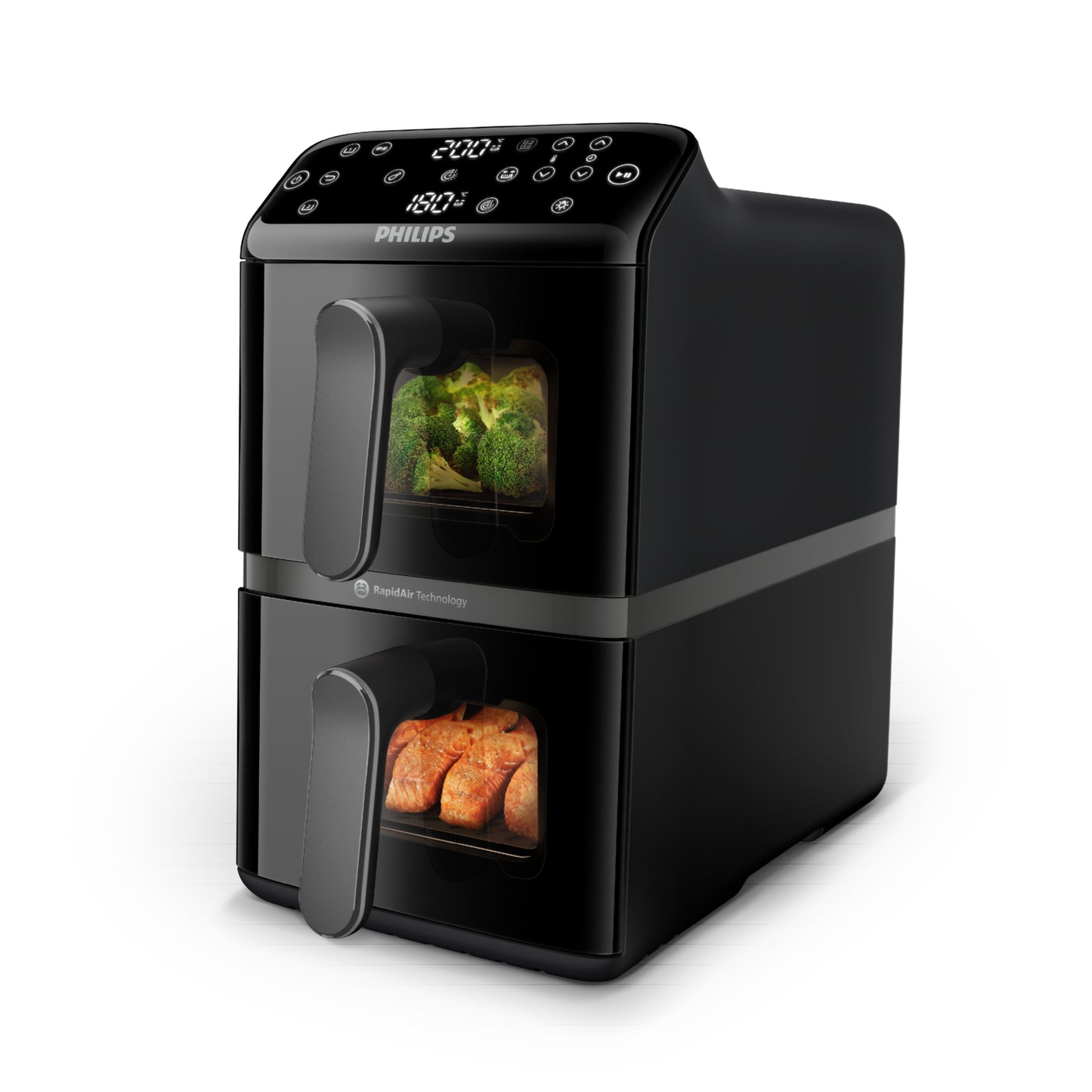 Philips 4000 Series Airfryer Stacked Dual Basket Capacity 10L, 2 Stacked Basket Drawers (5L + 5L), 6 Preset Functions and 13 ways to cook, Touchscreen, Black.