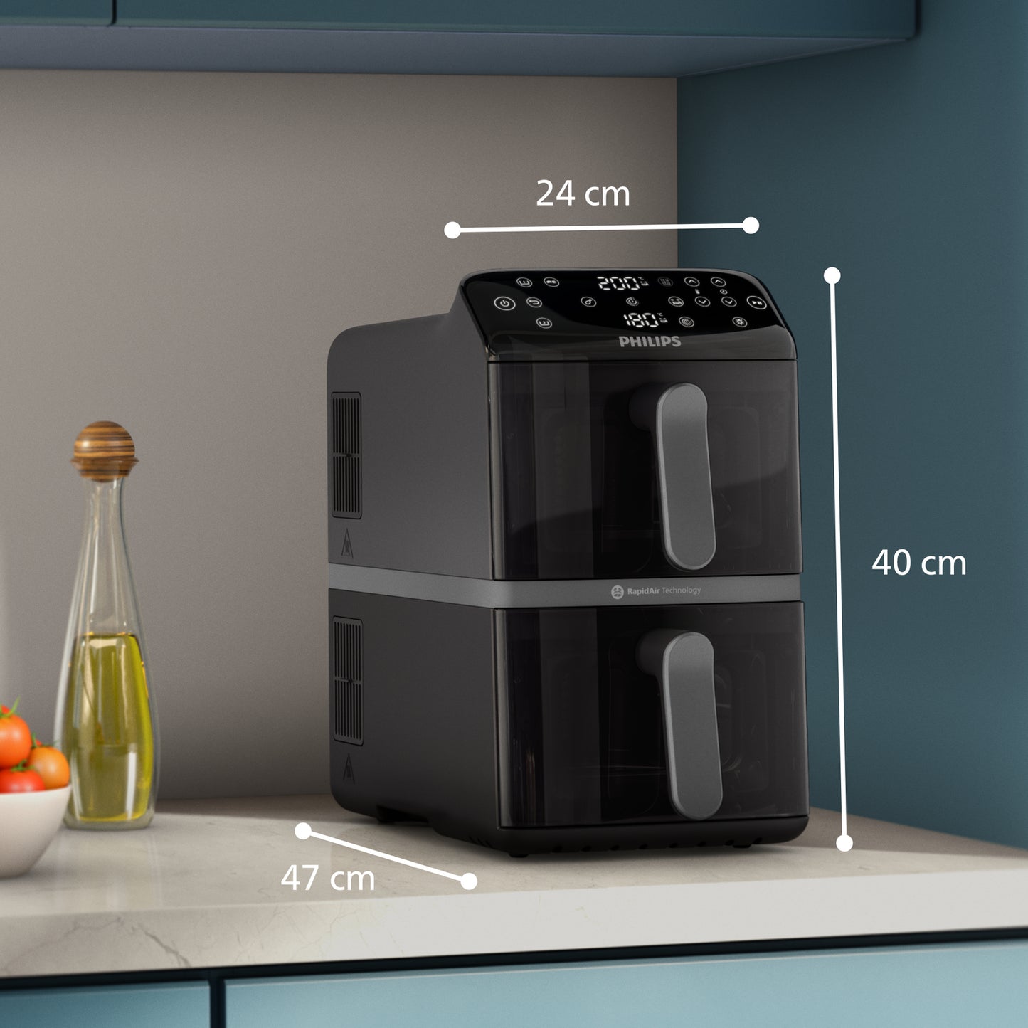 Philips 4000 Series Airfryer Stacked Dual Basket Capacity 10L, 2 Stacked Basket Drawers (5L + 5L), 6 Preset Functions and 13 ways to cook, Touchscreen, Black.