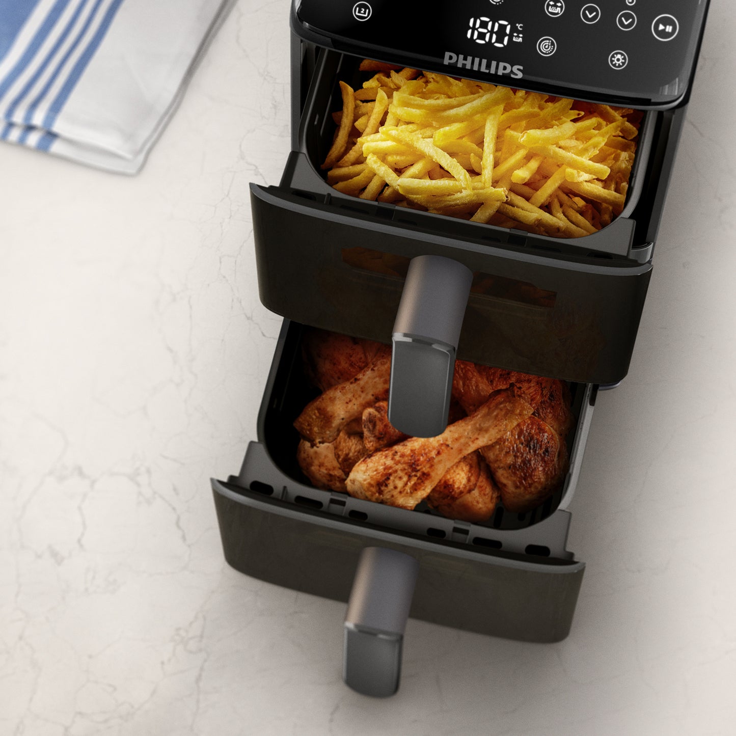 Philips 4000 Series Airfryer Stacked Dual Basket Capacity 10L, 2 Stacked Basket Drawers (5L + 5L), 6 Preset Functions and 13 ways to cook, Touchscreen, Black.